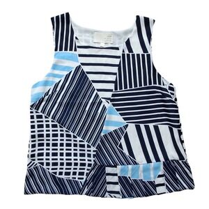 J.O.A. Los Angeles Geometric Patchwork Peplum Top Navy Blue White Size Large
